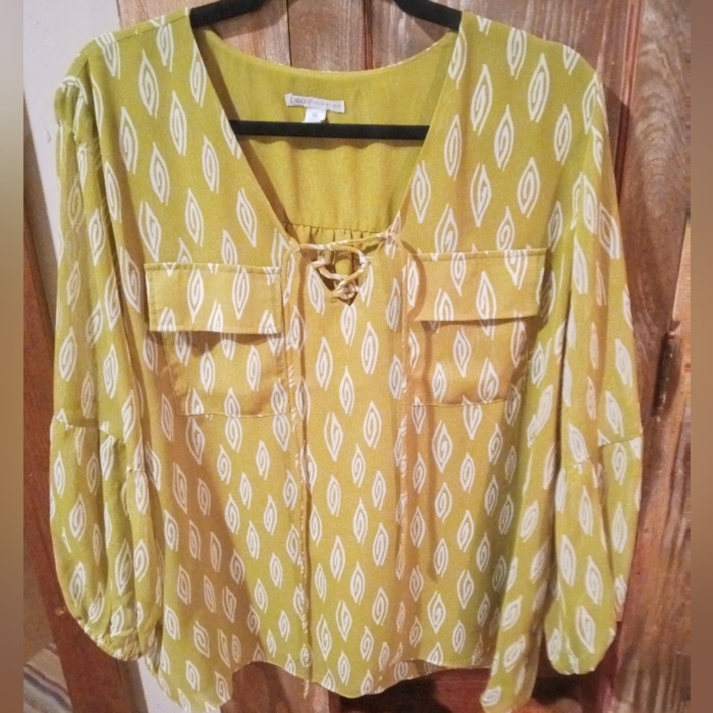 Cato Olive Patterned Blouse with White Accents